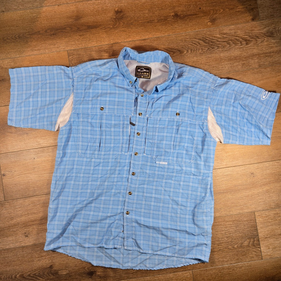 Drake Fishing Shirt Men’s Large Blue White Checkered Button Down Vented Outdoor - Picture 1 of 8